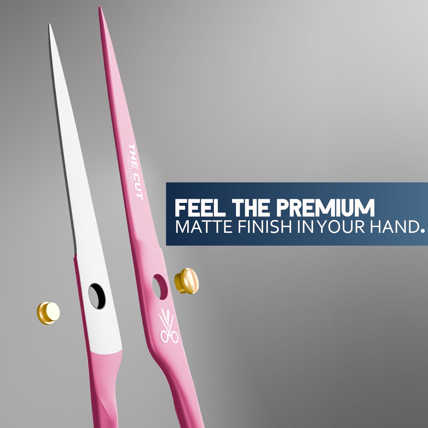 THE CUT FACTORY tijeras rosadas, mango ergonómico para mayor comodidad durante cortes.
