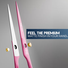 THE CUT FACTORY tijeras rosadas, mango ergonómico para mayor comodidad durante cortes.