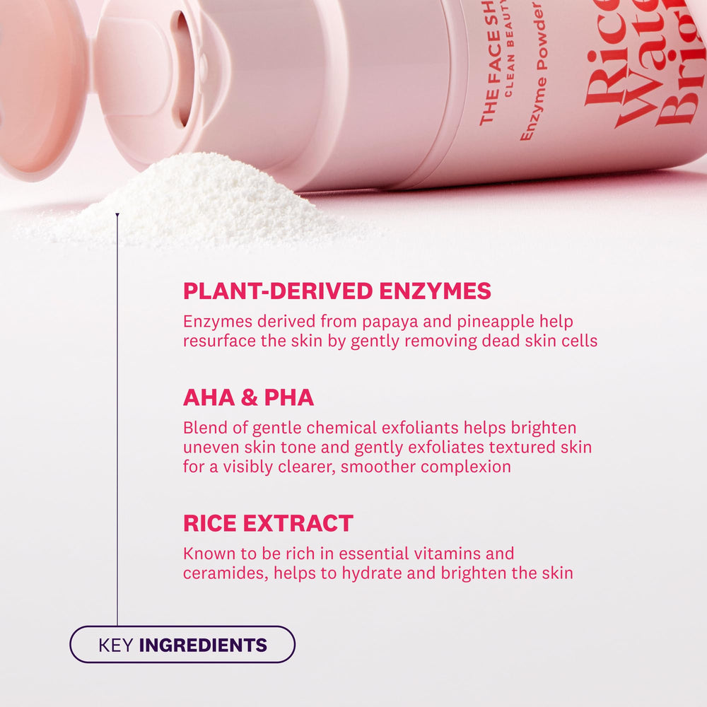The Face Shop Rice Water Bright Enzyme Powder Wash extracto de arroz y aceite para hidratación.