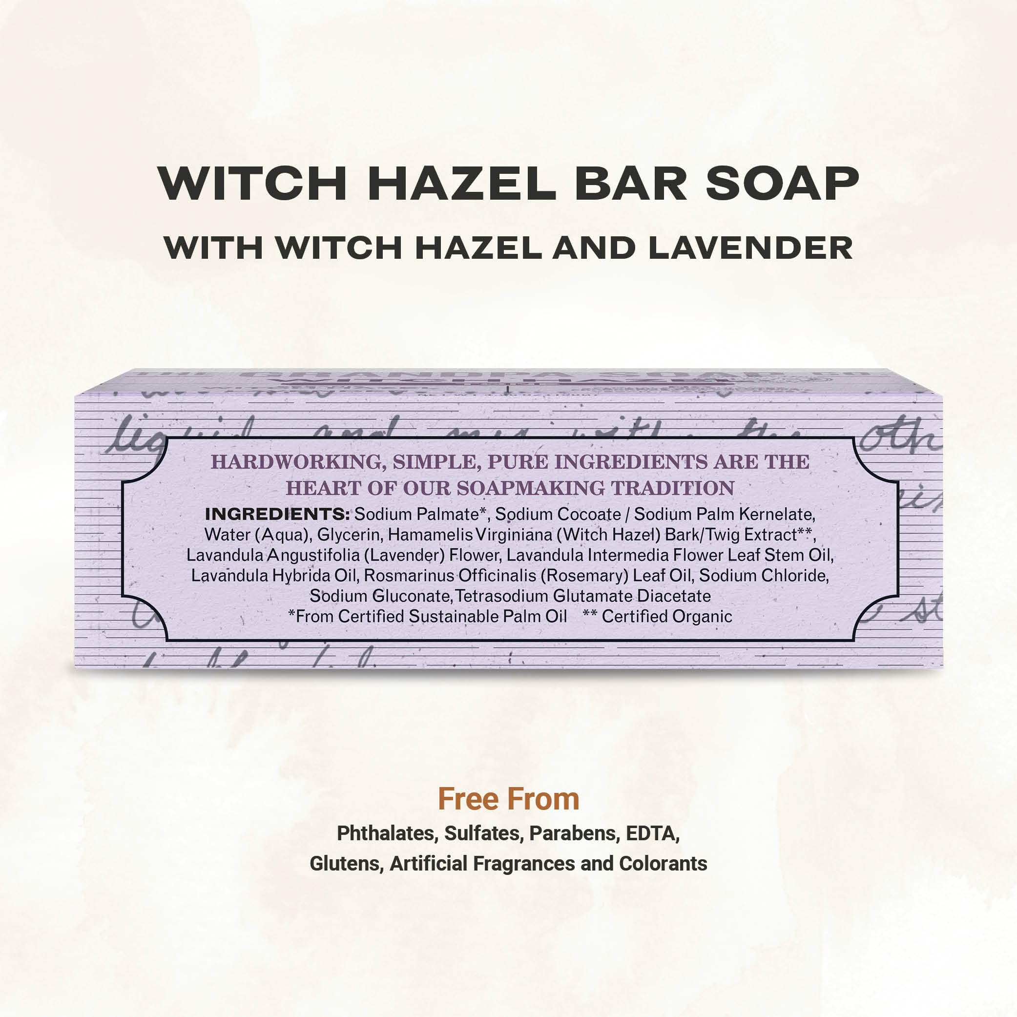 The Grandpa Soap Company barra-jabon-ingredientes-hamamelis-y-lavanda: tono natural y aromas calmantes.