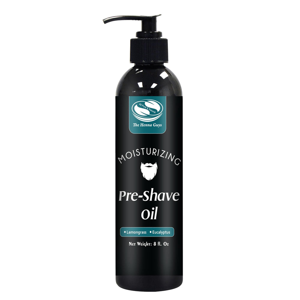 The Henna Guys pre-shave oil, botella con tapa vertedora para un afeitado suave.
