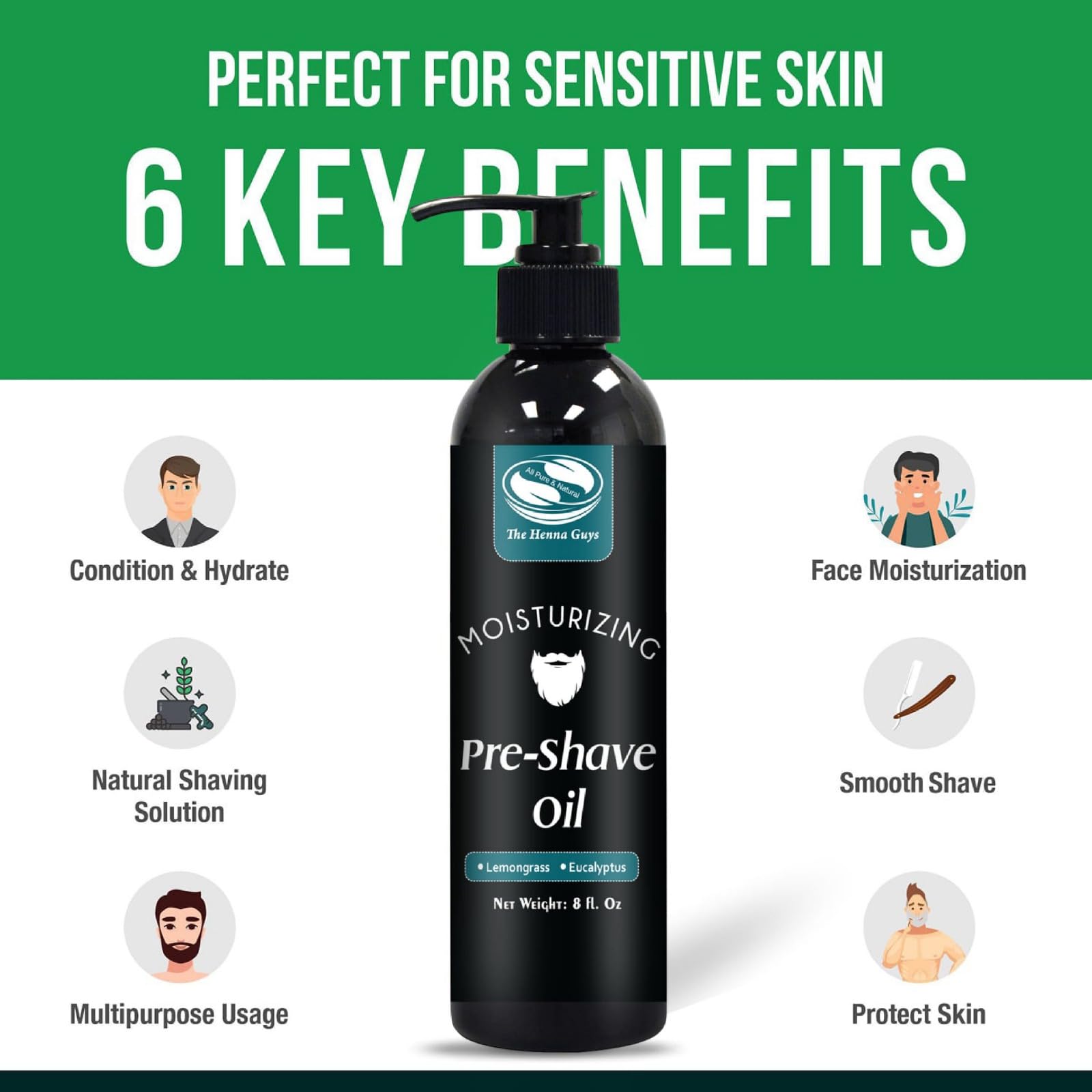 The Henna Guys pre-shave oil, ingredientes como jojoba y aceite de uva.
