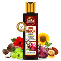 The Indie Earth Red Onion Hair Growth Oil bottle with label promotes scalp nourishment.