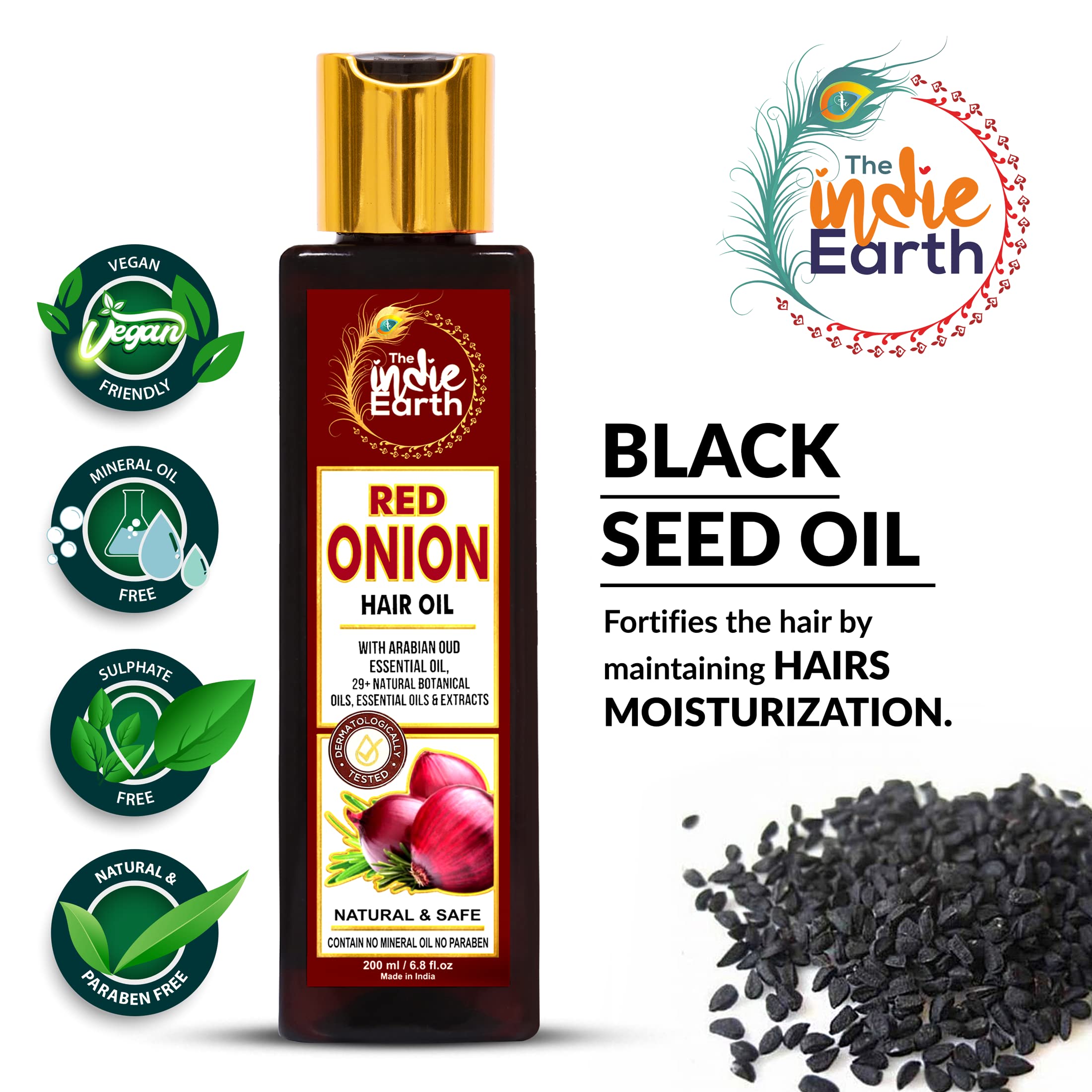 The Indie Earth glass dropper shows a formula with black seed and rosemary to support scalp nourishment.
