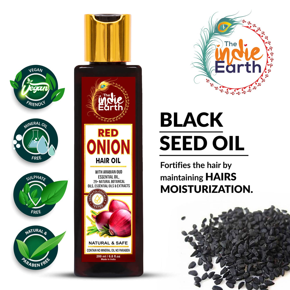 The Indie Earth glass dropper shows a formula with black seed and rosemary to support scalp nourishment.