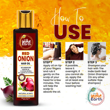 The Indie Earth Red Onion Oil on hair strands supports stronger, shinier locks.