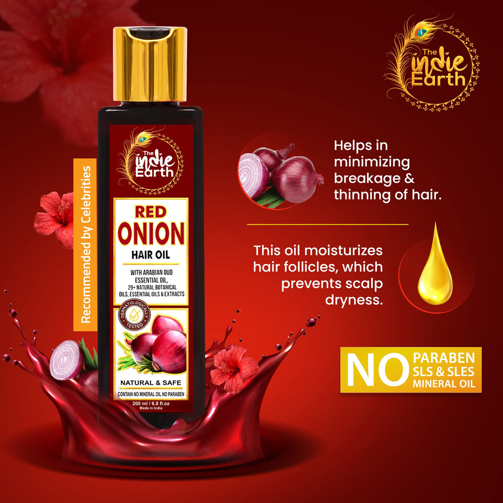 Packaging shows 200ml bottle ideal for ongoing routine with The Indie Earth Red Onion Oil.