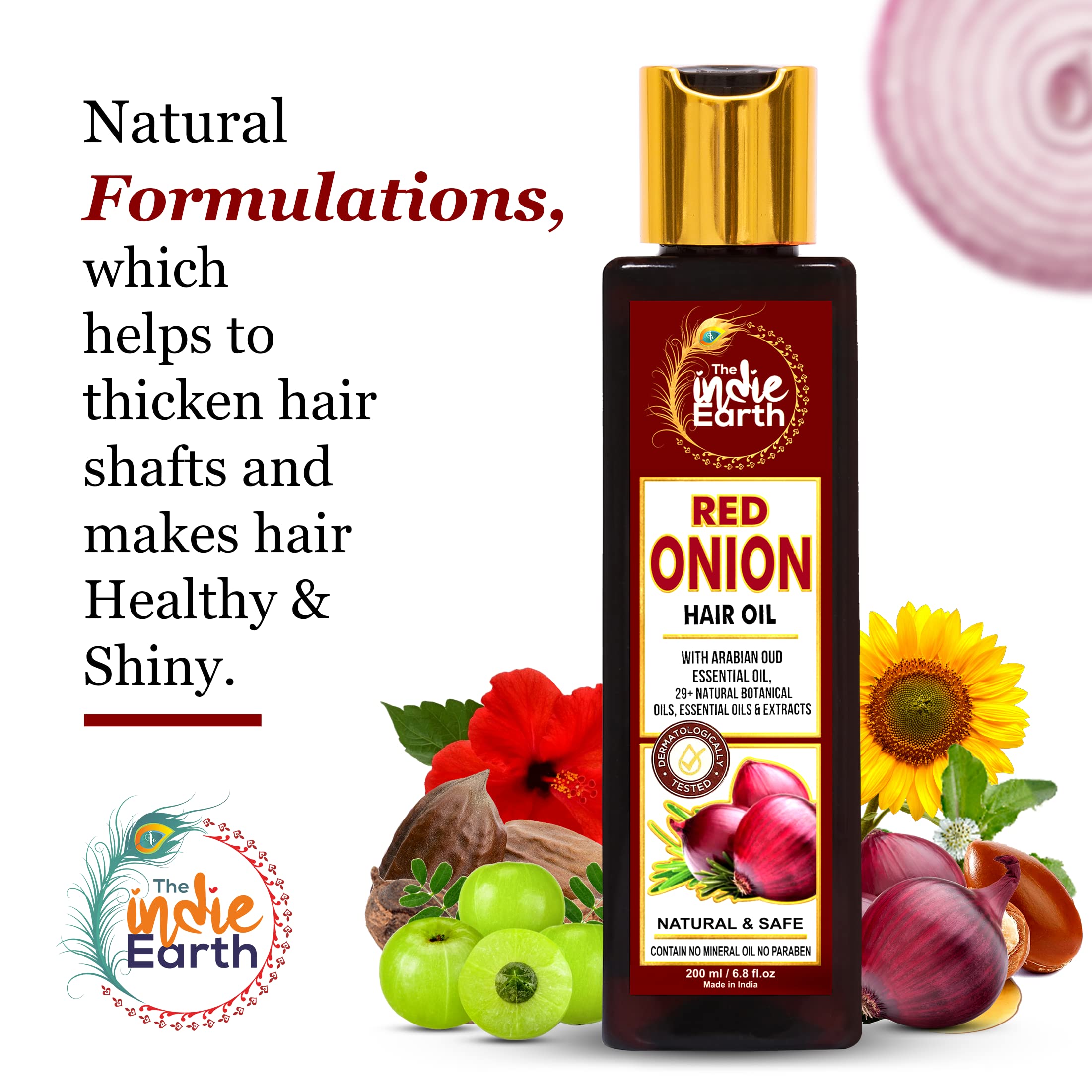 Close-up texture shows rich oil sheen from The Indie Earth Red Onion Hair Growth Oil for smooth hair.
