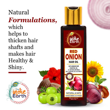 Close-up texture shows rich oil sheen from The Indie Earth Red Onion Hair Growth Oil for smooth hair.