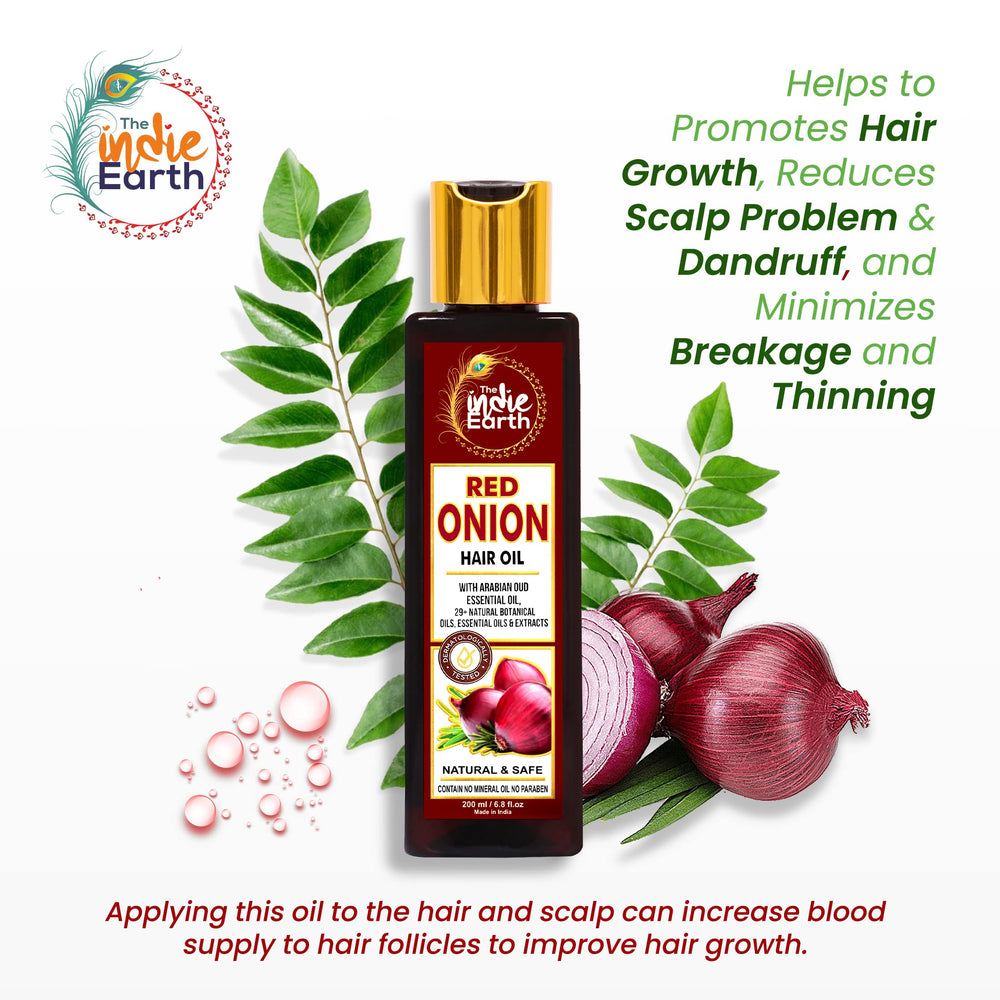 The Indie Earth Red Onion Oil on vanity shelf promotes daily scalp care.