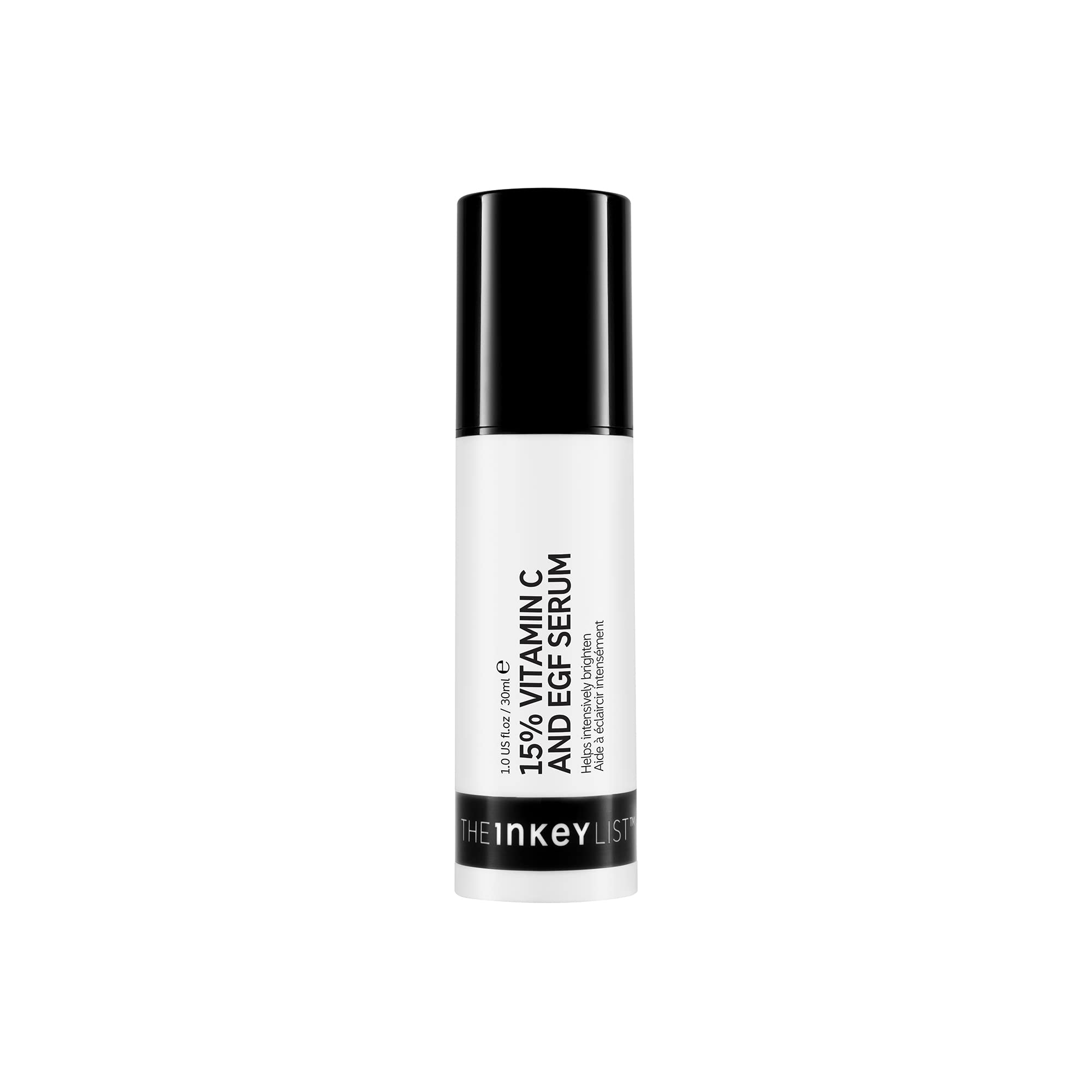 The INKEY List 15% Vitamina C EGF en botella con gotero para brillo suave.