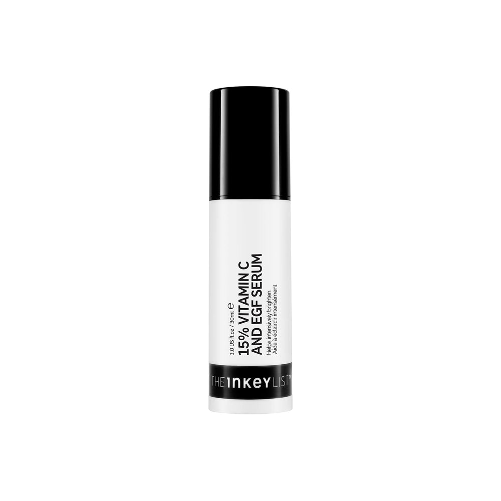 The INKEY List 15% Vitamina C EGF en botella con gotero para brillo suave.