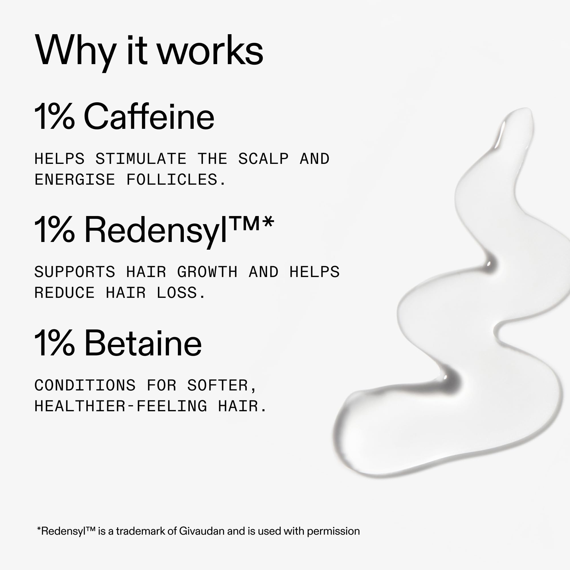 Redensyl and caffeine ingredients powering potential hair vitality.