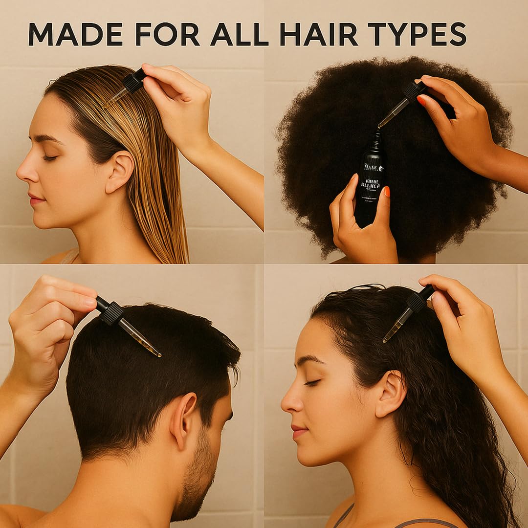 Avant/après Elixir Mélange The Mane Solution cheveux visiblement plus forts et densifiés.