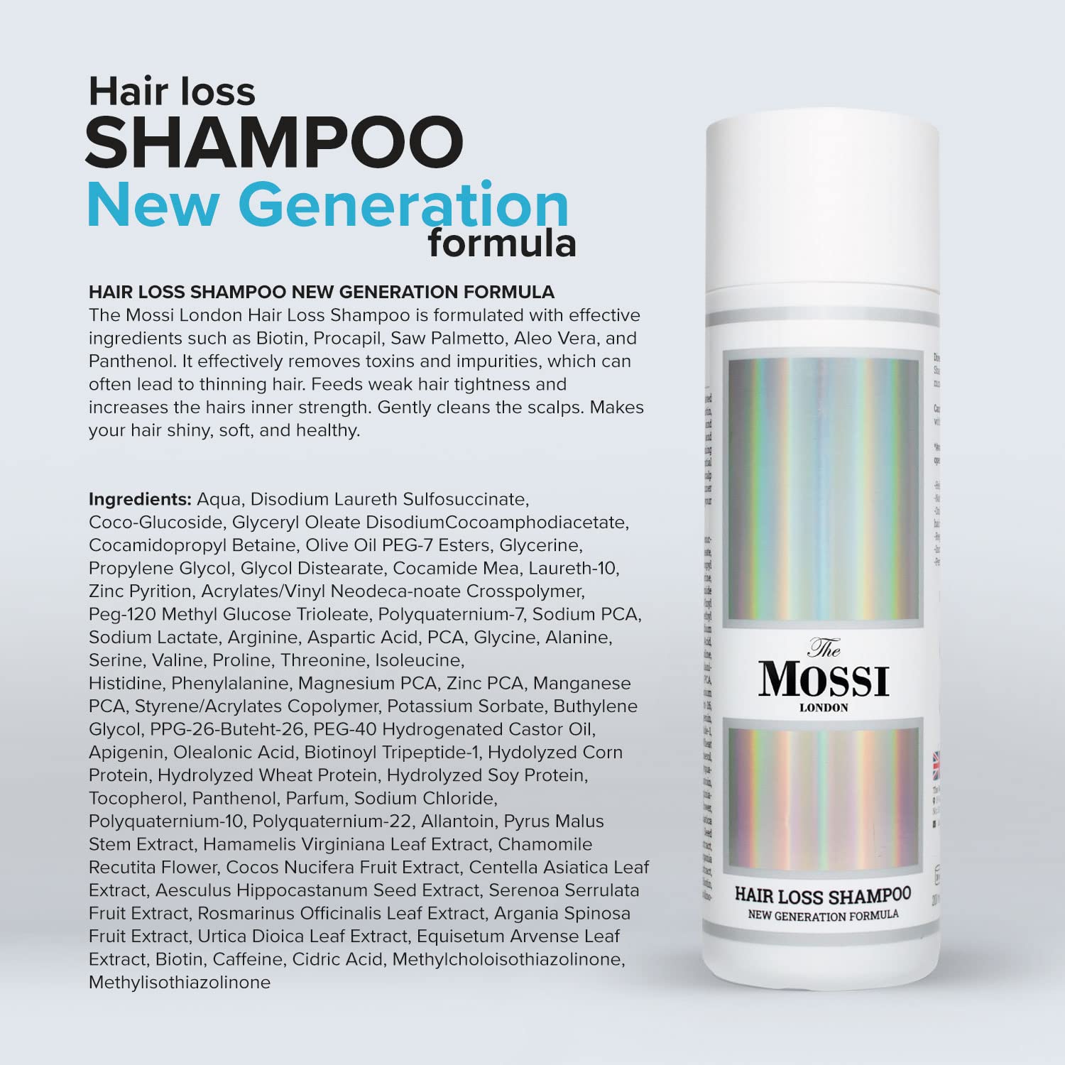 The Mossi London Shampoo aplica suavemente en el cabello para limpieza.