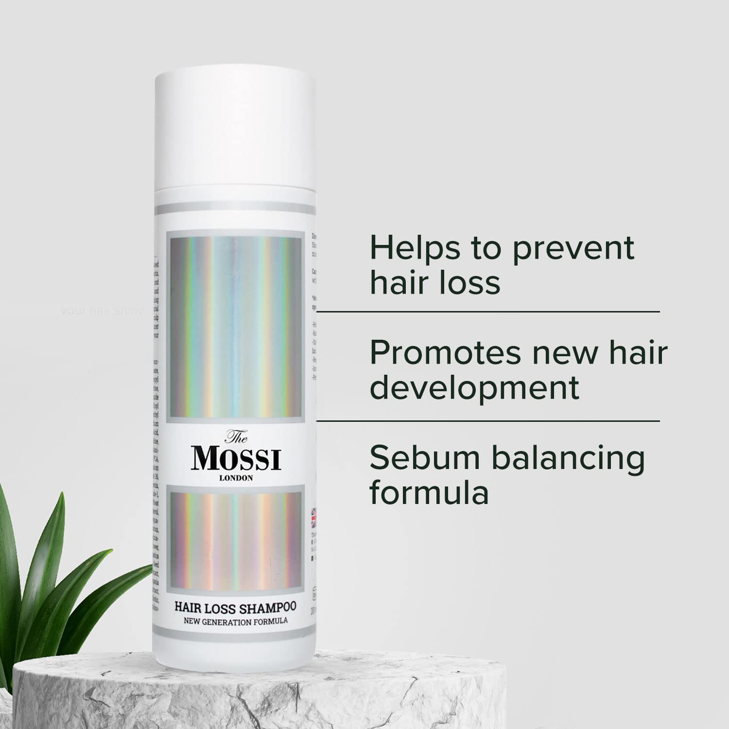 Cuero cabelludo nutrido con The Mossi London Shampoo y nutrientes clave.