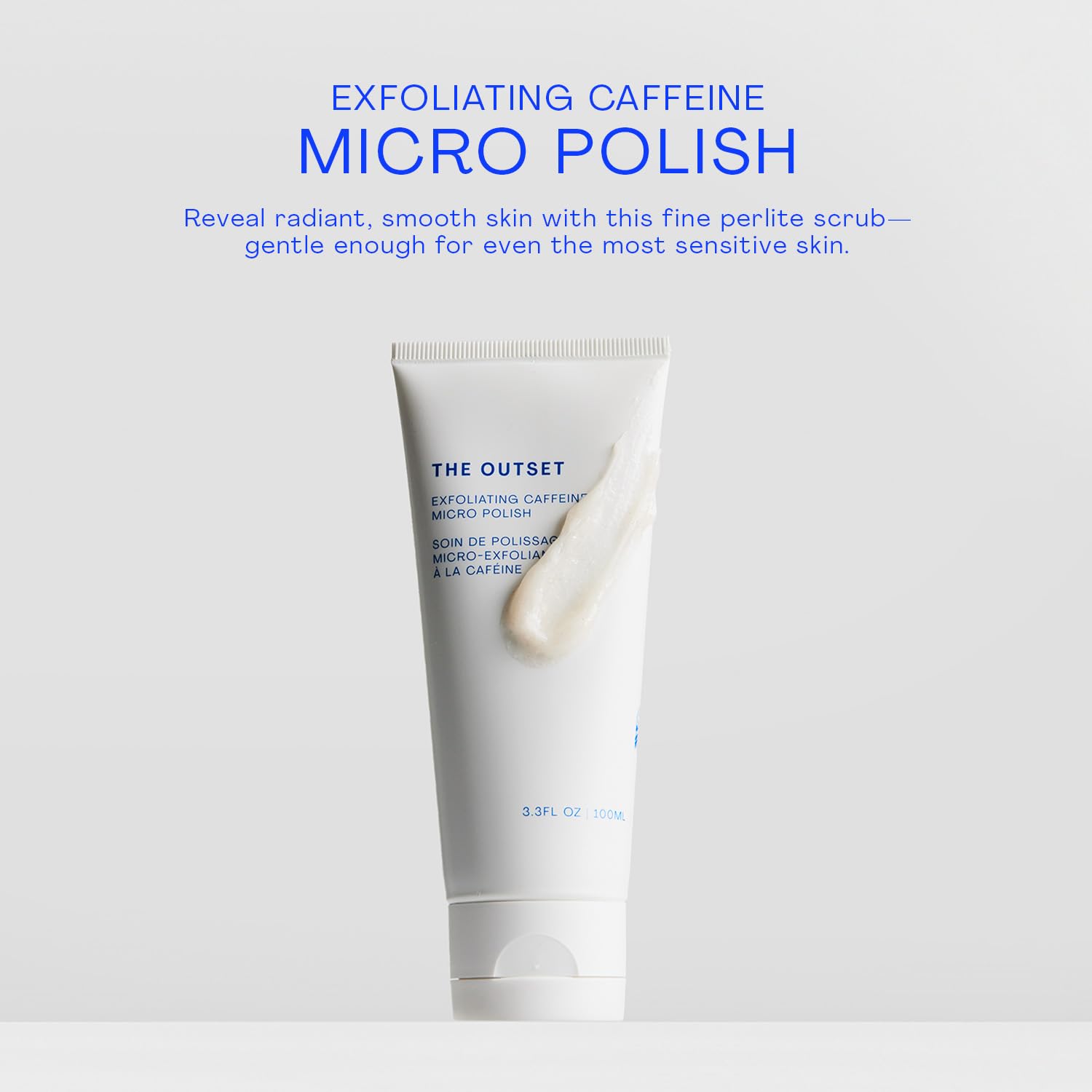 The Outset Exfoliating Caffeine Micro Polish, envase compacto para rutina diaria.