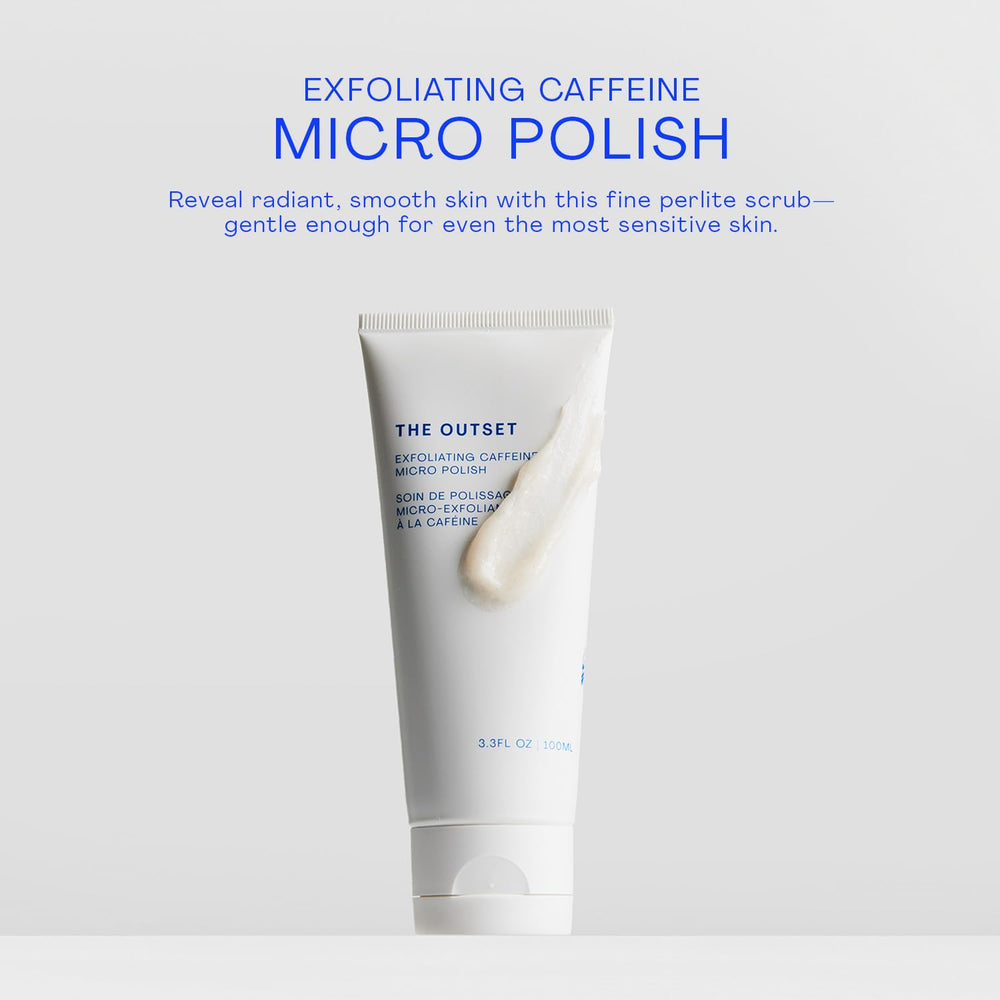 The Outset Exfoliating Caffeine Micro Polish, envase compacto para rutina diaria.