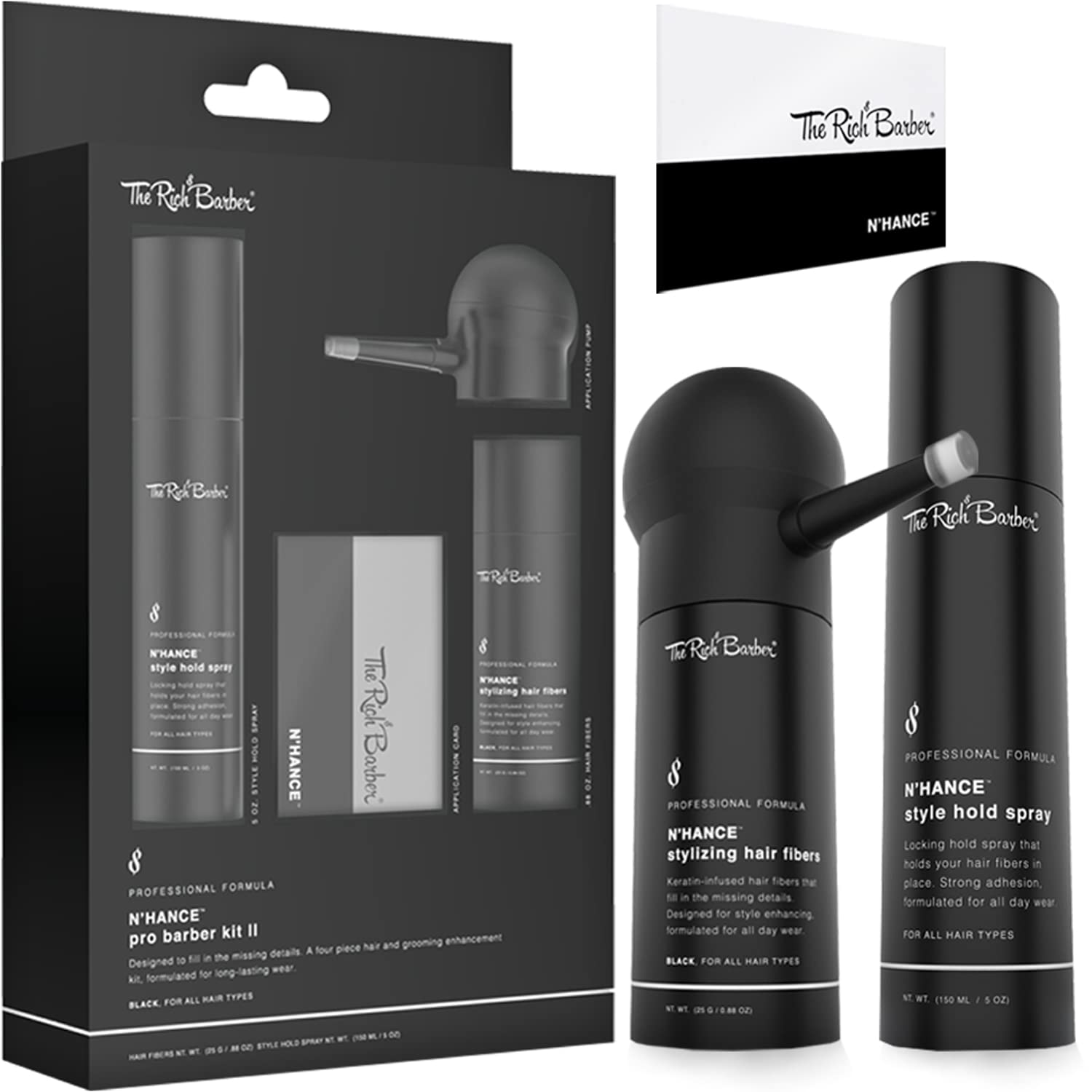 The Rich Barber N'Hance Pro Kit II: fibras capilares con keratina para volumen natural.