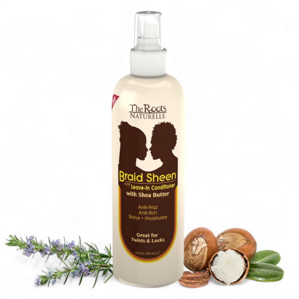 The Roots Naturelle Braid Sheen Brillo para trenzas, botella para brillo y salud capilar.