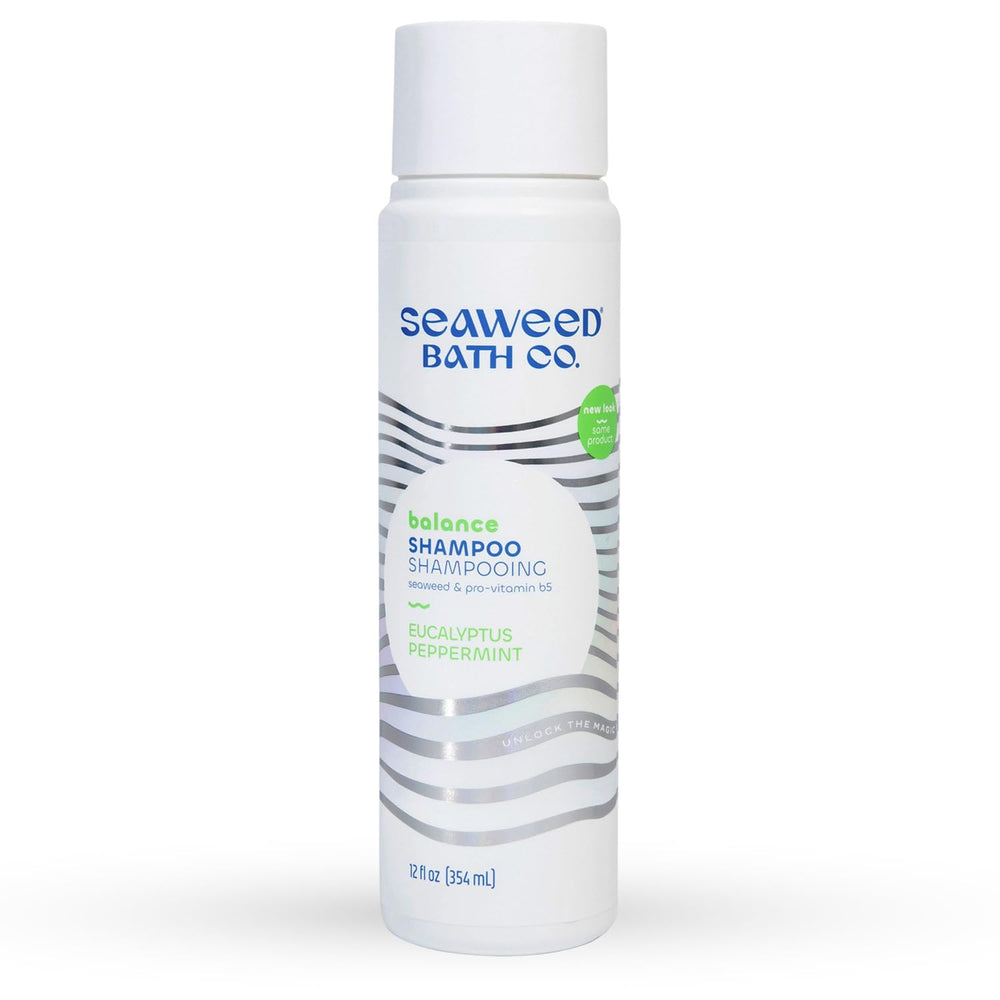 Seaweed Bath Co. Balance frente de la botella muestra diseño sostenible para cabello normal a graso