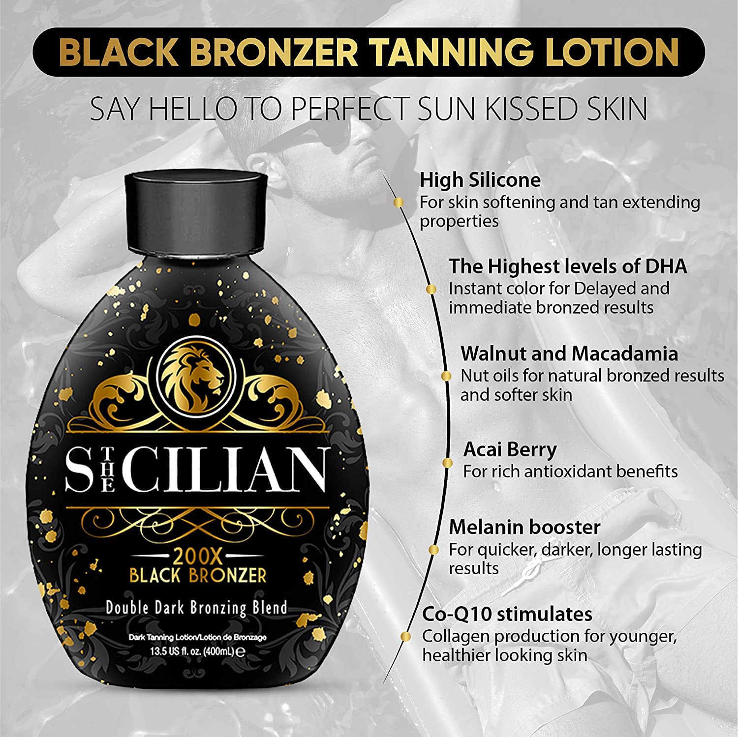 The Sicilian 200X Bronceador con CoQ10 y aceites nutre la piel durante la aplicación.