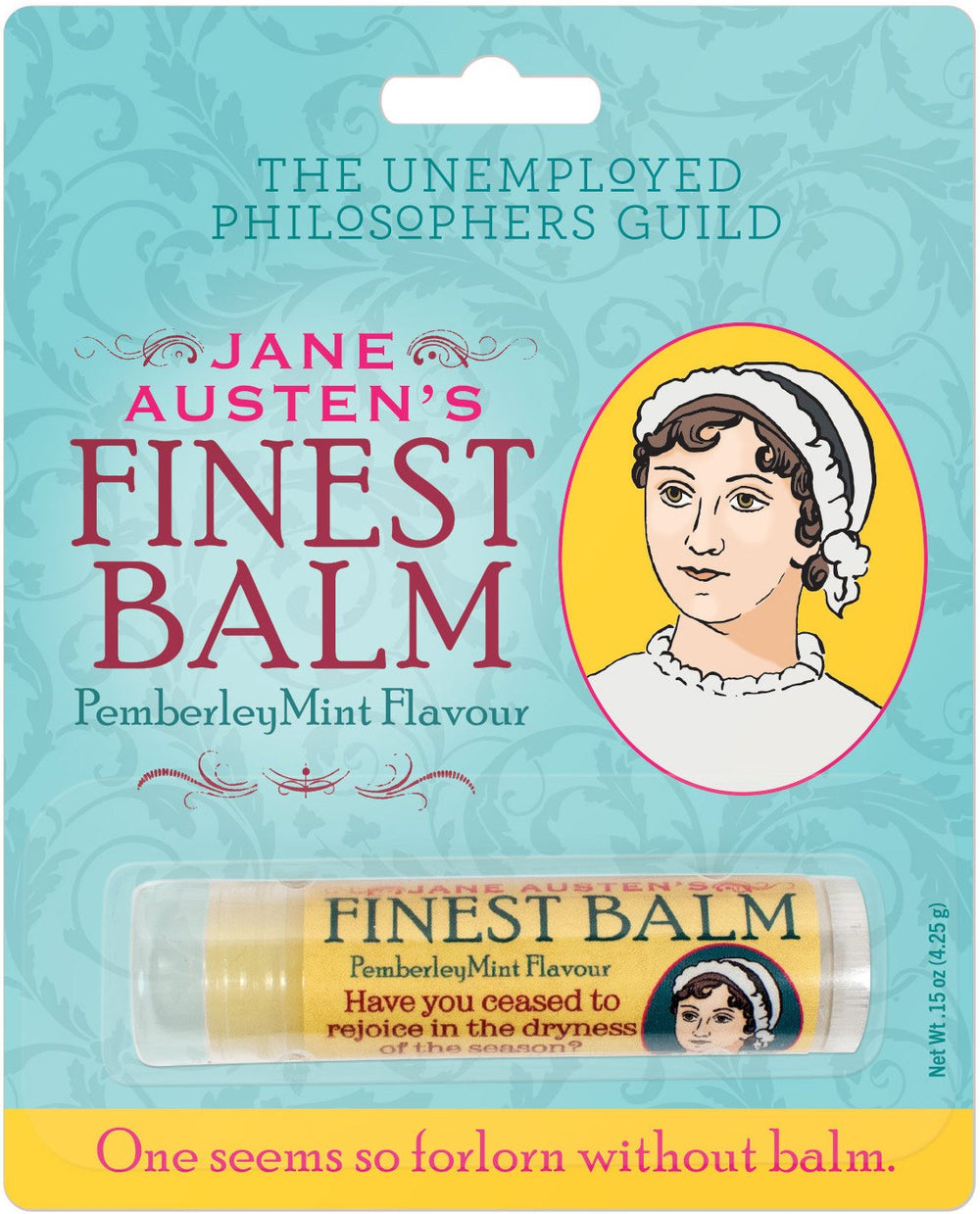Jane Austen's Finest Balm de The Unemployed Philosophers Guild, foco mentolado para labios suaves y frescos.
