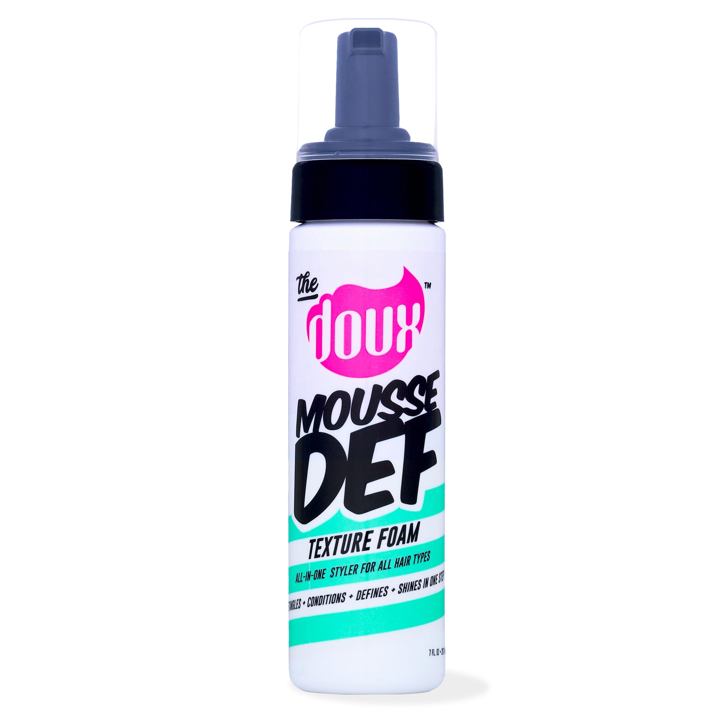 The Doux Mousse Def Texture en botella define rizos con brillo.