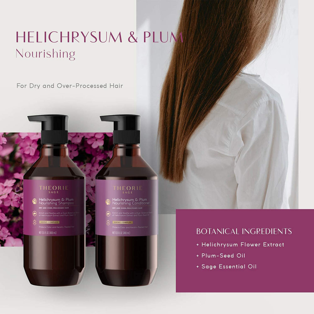 Theorie Helichrysum & Plum: cabello en uso muestra hidratación y brillo.