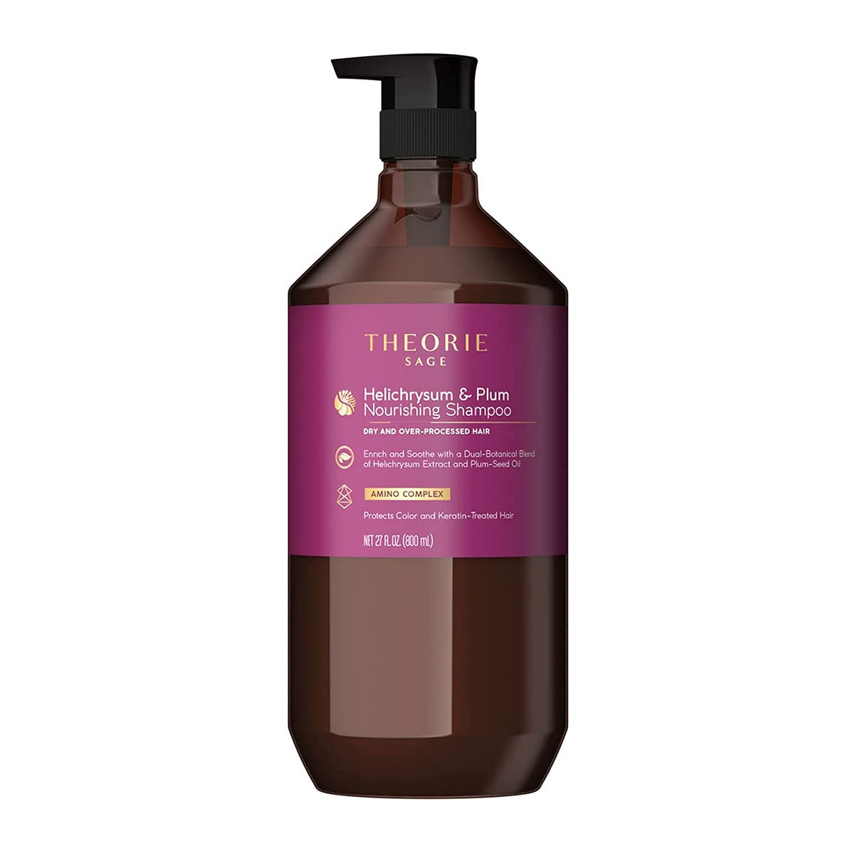 Theorie Helichrysum y Plum Champú, frasco con bomba, hidratación para cabello seco.