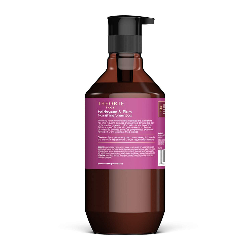 Theorie Helichrysum y Plum Champú, etiqueta variable, diseño atractivo en estante.