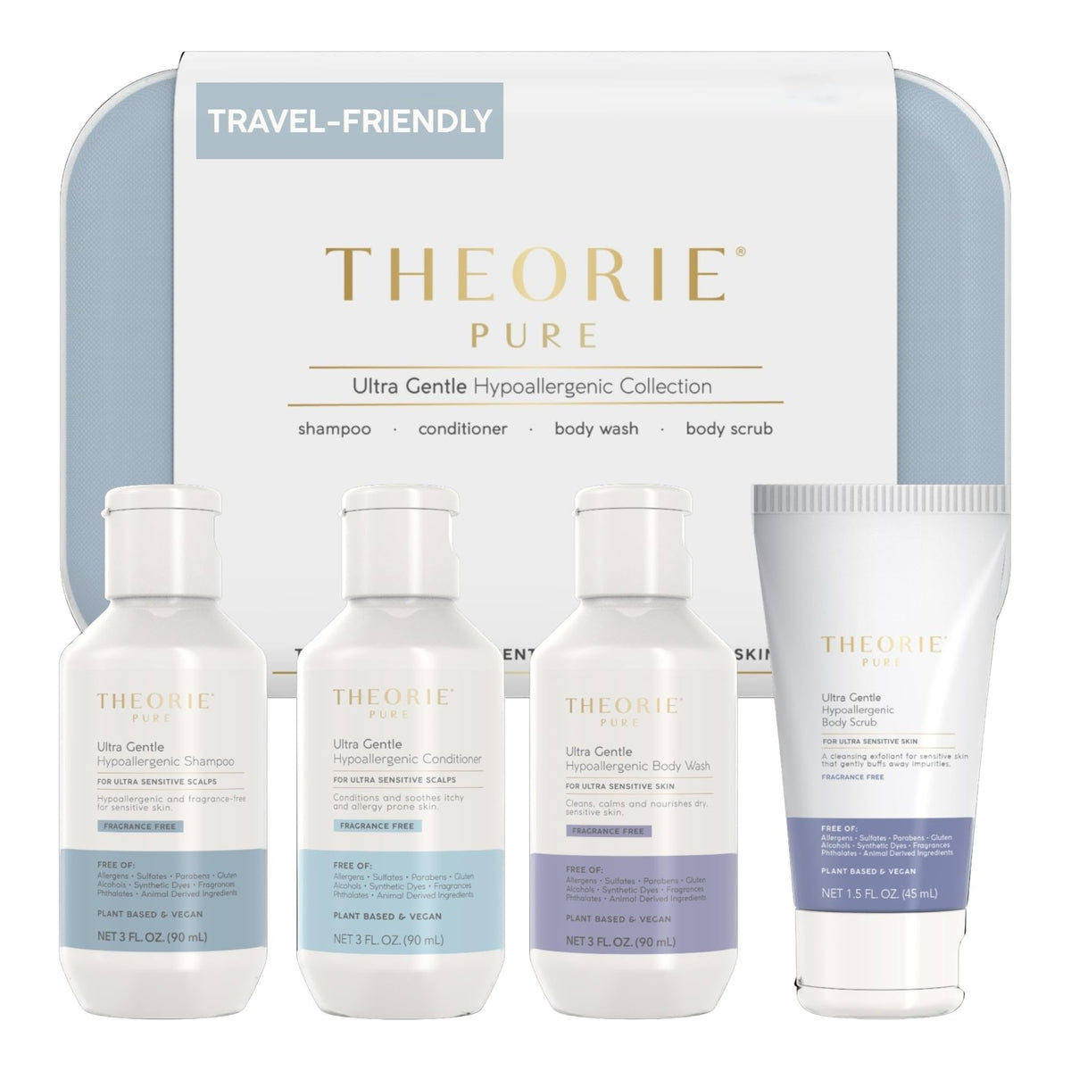 Theorie Pure kit viaje botellas: cuidado suave para cabello y piel en movimiento.