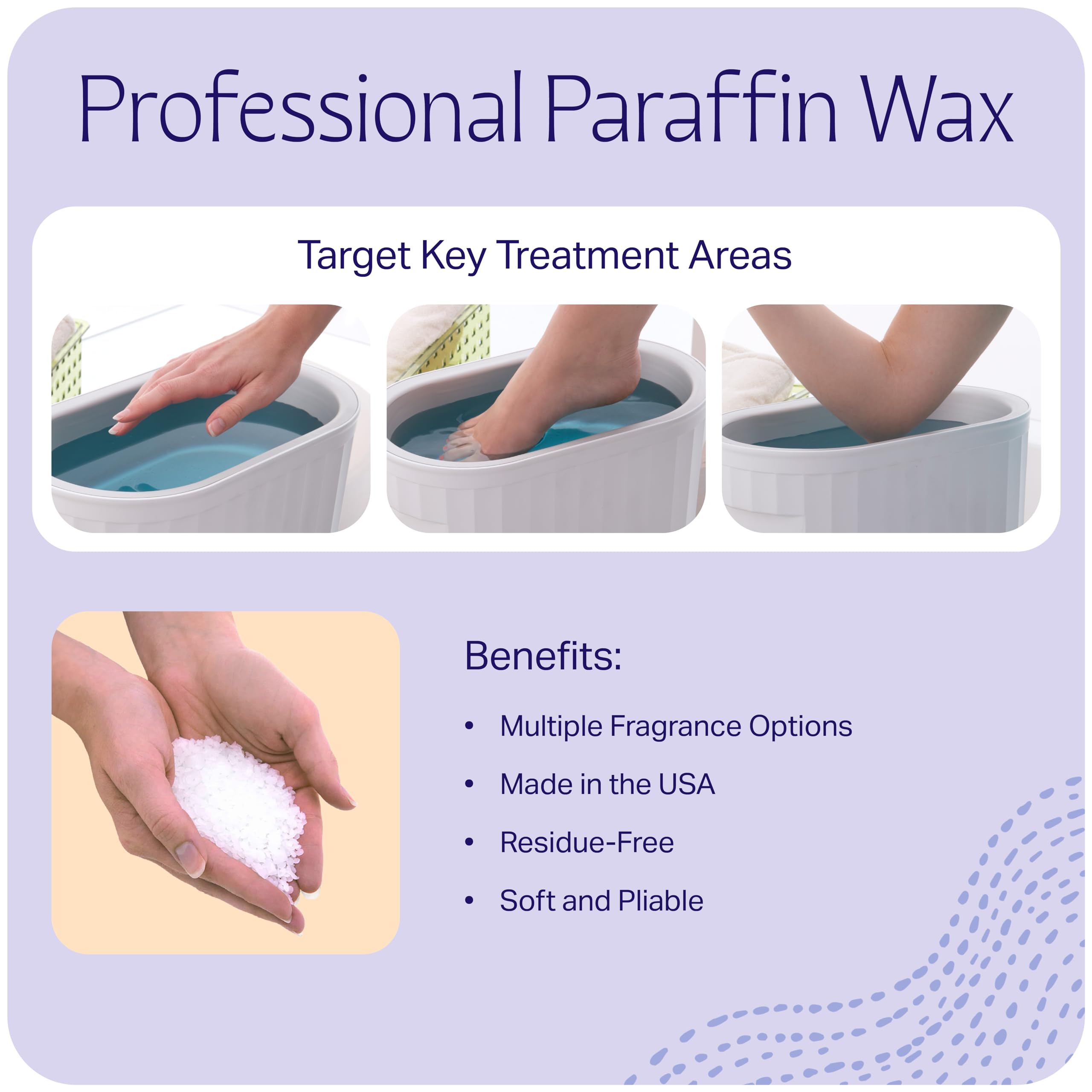 Therabath residue-free paraffin wax keeps baths clean and convenient after use.