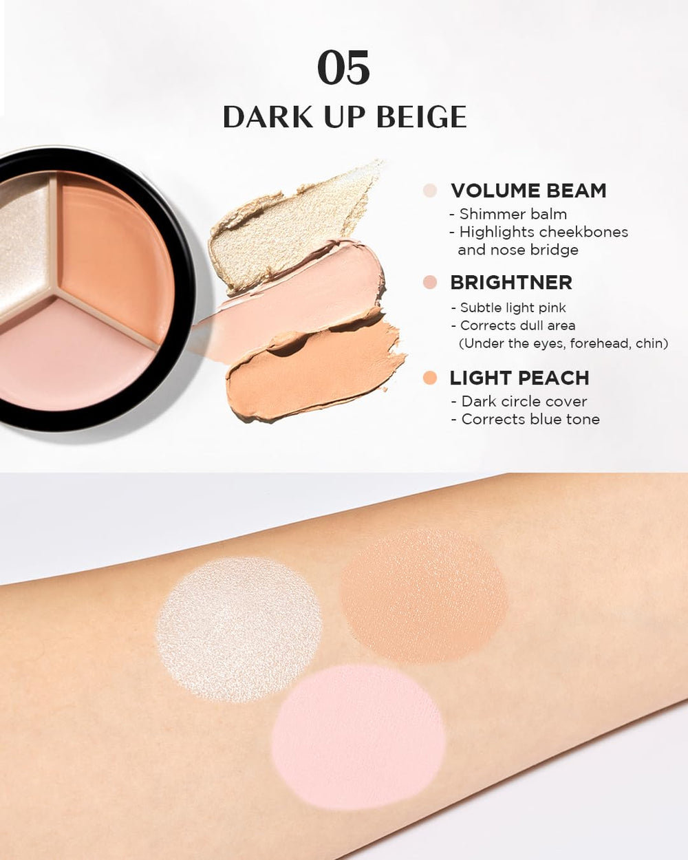 THESAEM Brightener and Light Peach sections illustrate tone-up correction options.