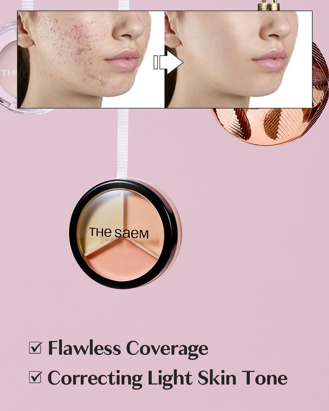 THESAEM concealer light beige shade swatch provides precise blemish coverage for fair skin.