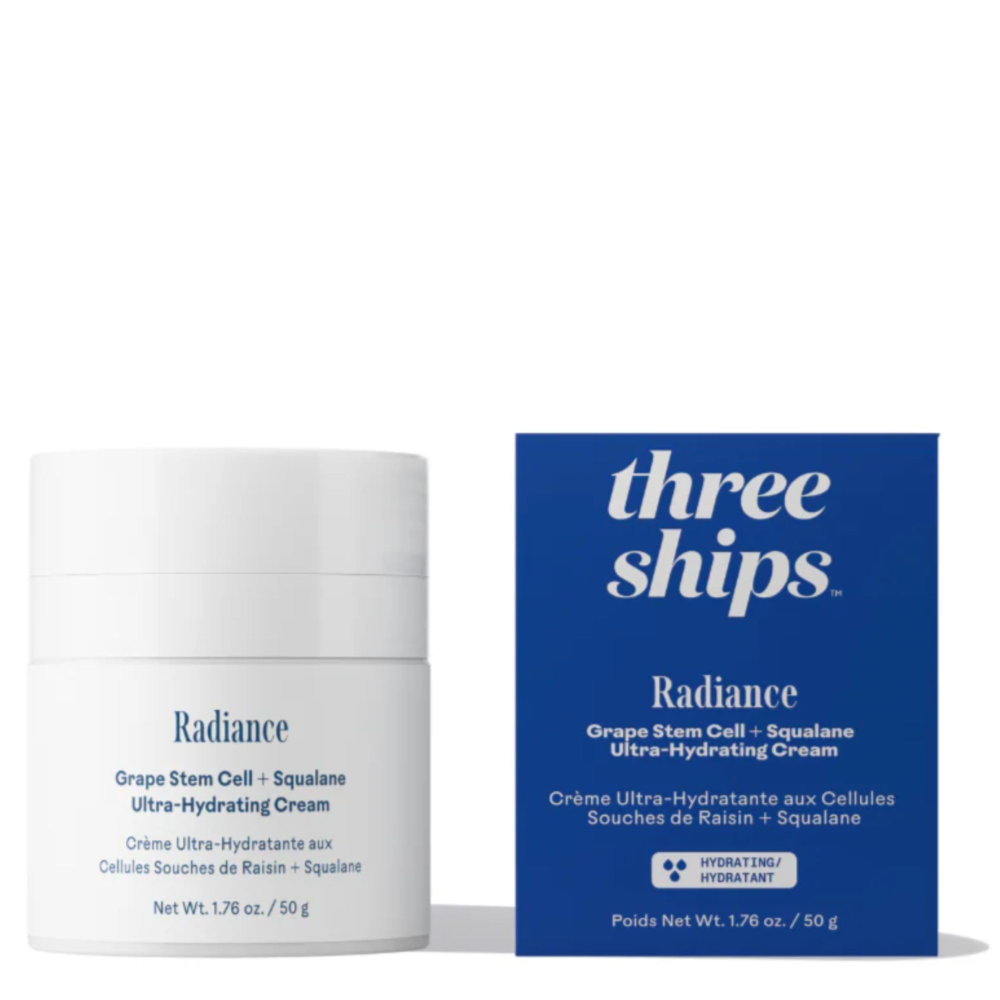 Three Ships Radiance crema en botella, hidratación duradera para la piel.