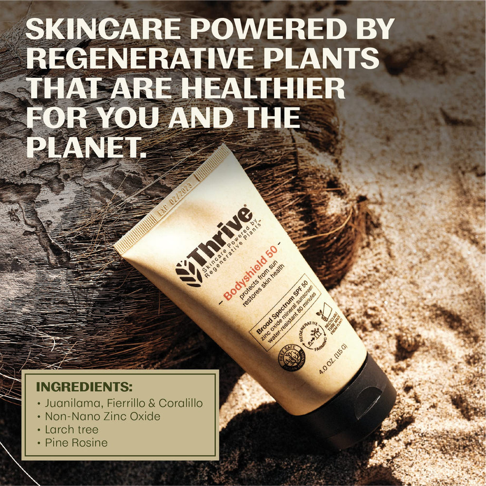 Thrive Natural Care, enfoque visual: ritual diario de protección solar fácil de usar.