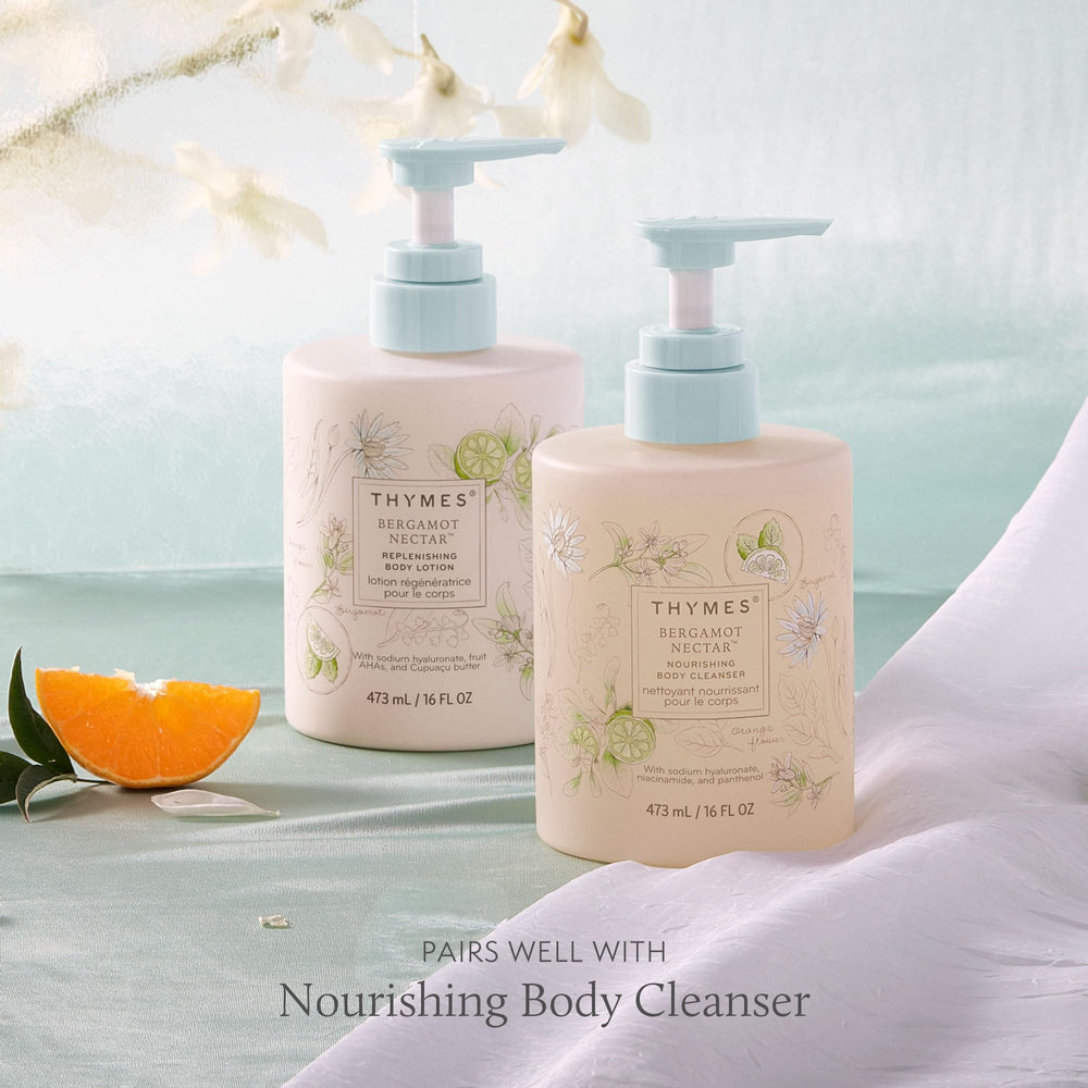 Aplicación diaria fácil con el dispensador Thymes Bergamot Nectar