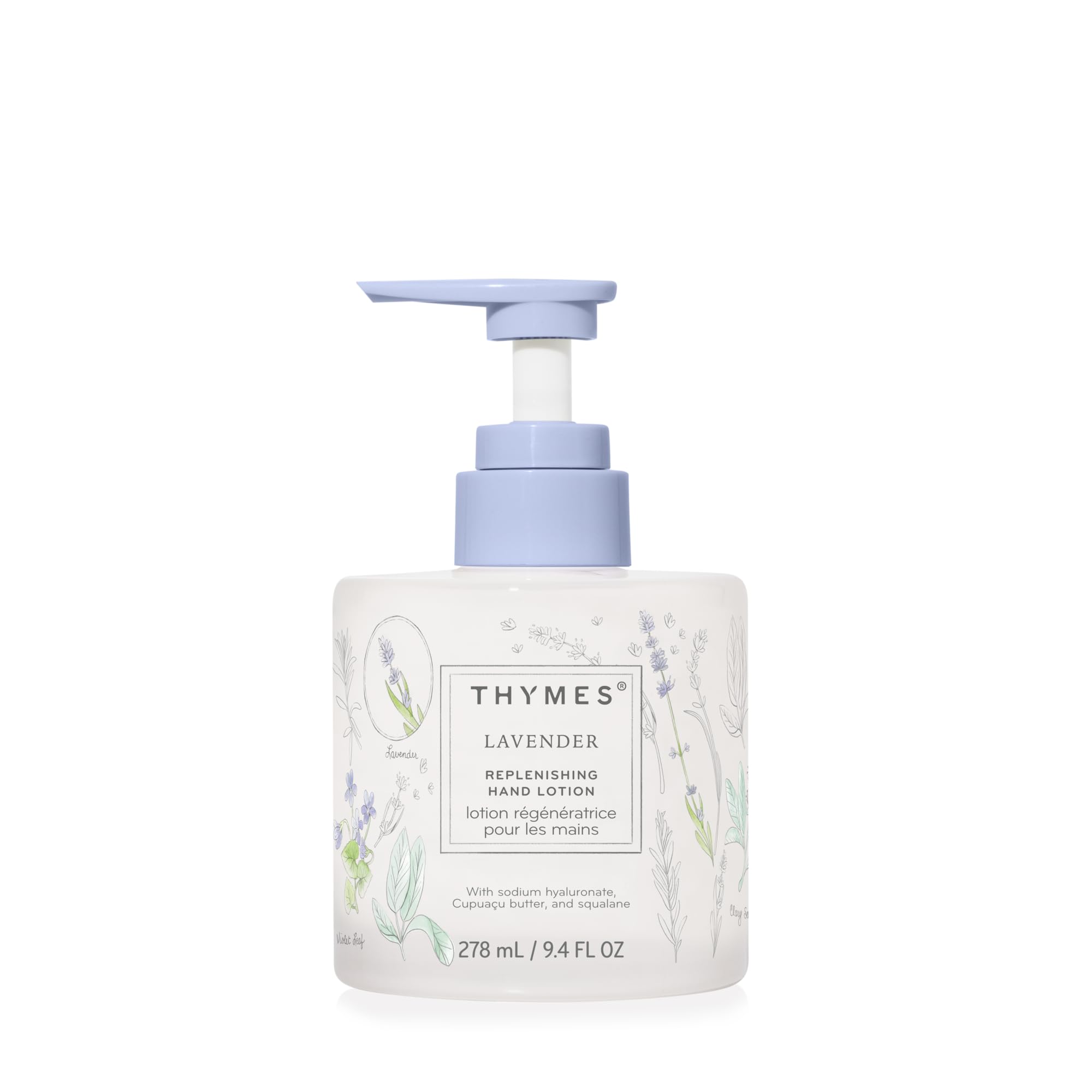 Lotion mains Thymes en flacon lavande, hydratation douce et prolongée.