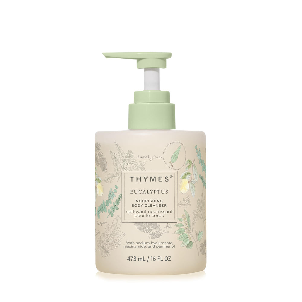 Thymes Nourishing Body Cleanser, bouteille-pompe pratique pour une application quotidienne.