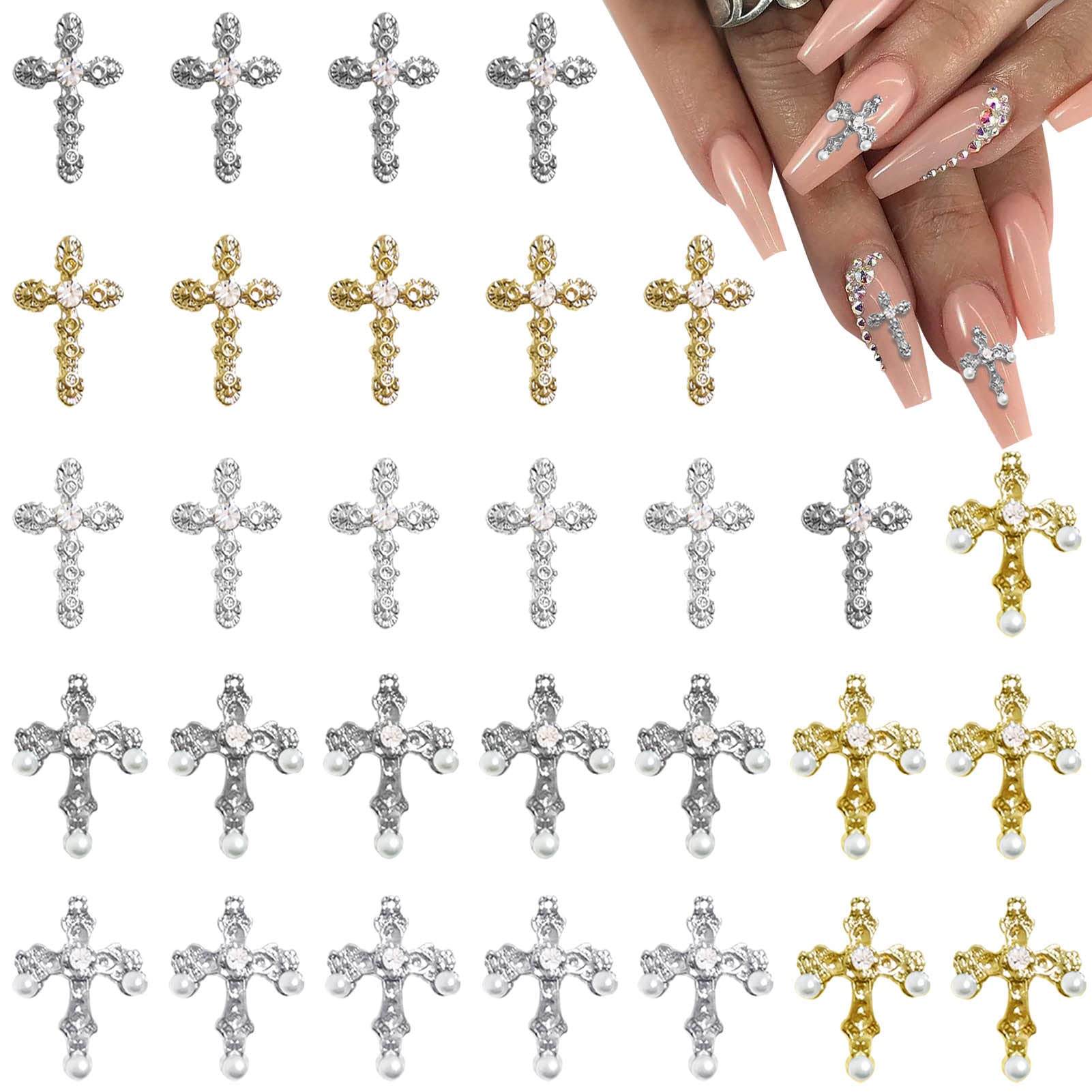 Tianhoudeger cruz 3D para uñas en dorado y plateado, decoración duradera.