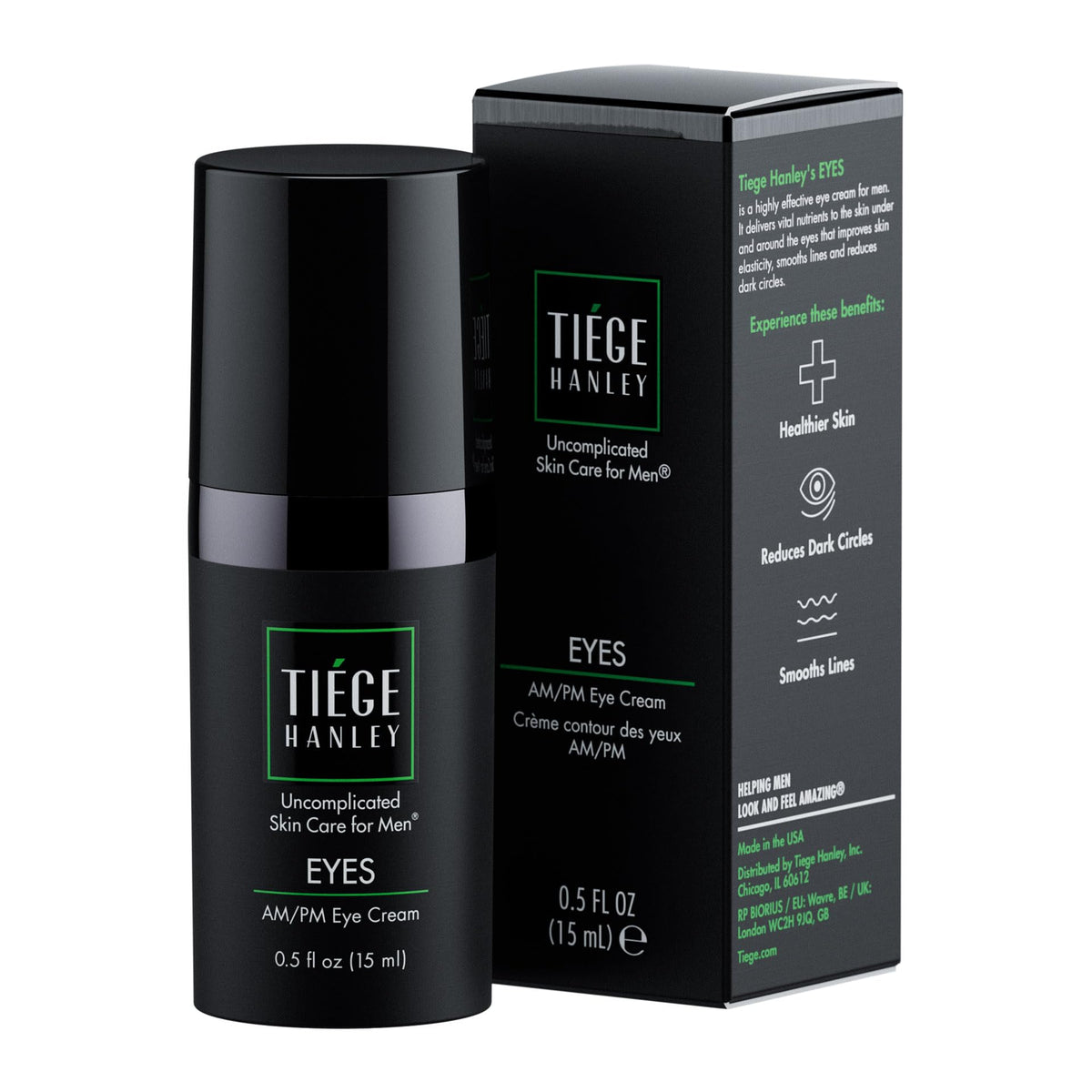 Crème contour des yeux Tiege Hanley, flacon-pompe pour une application précise et rapide, regard frais.