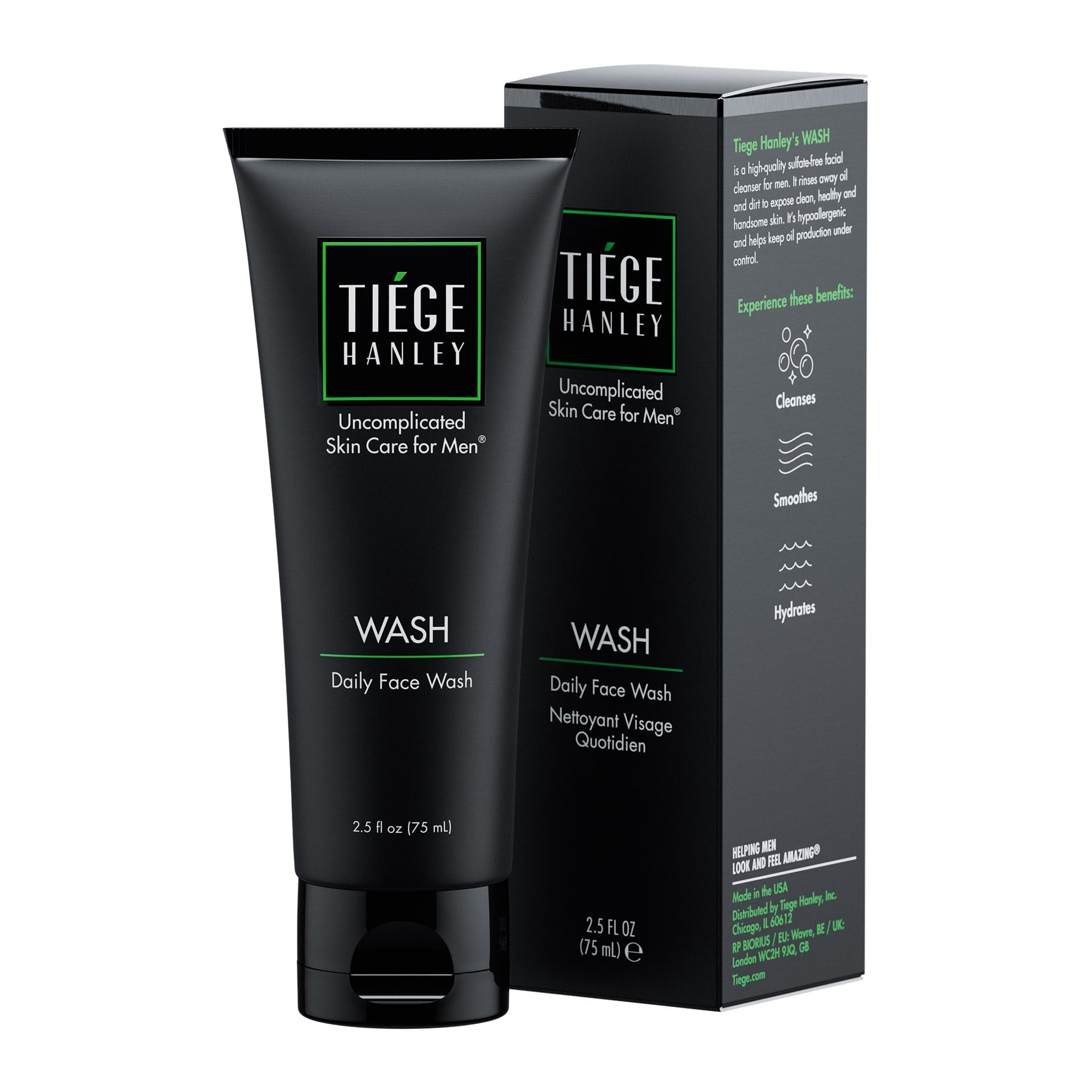 Tiege Hanley limpiador facial diario, botella, limpieza suave para piel masculina.