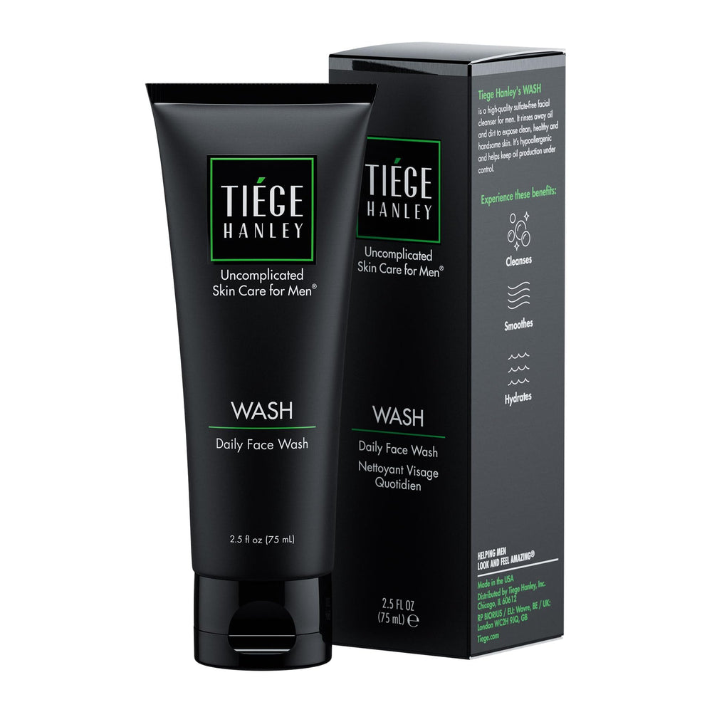 Tiege Hanley limpiador facial diario, botella, limpieza suave para piel masculina.