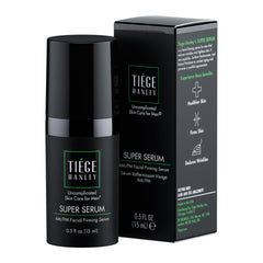Tiege Hanley Super Serum frasco, absorción rápida para piel fresca.