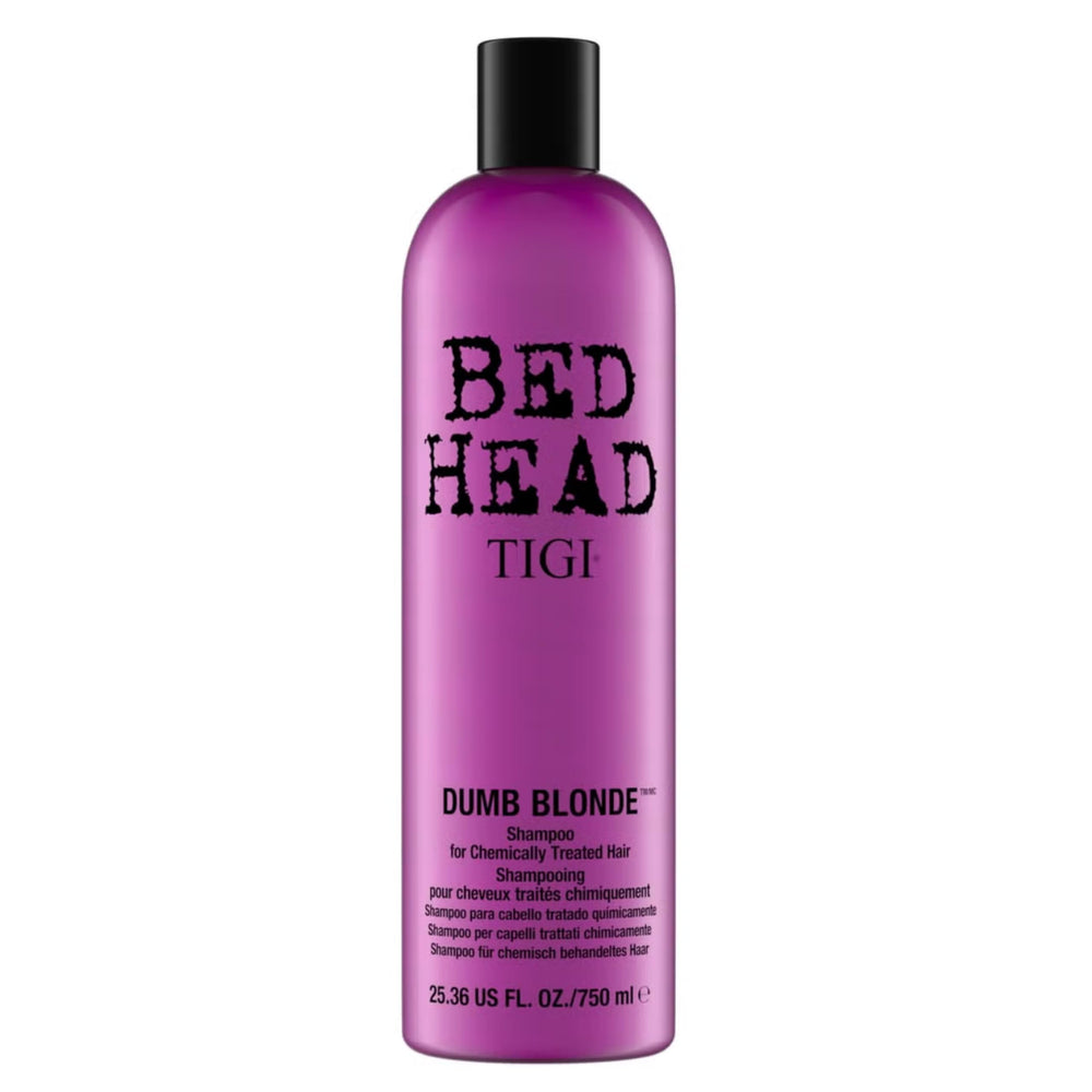 TIGI Bed Head Dumb Blonde Shampoo, botella visible, protege el color y aporta hidratación.