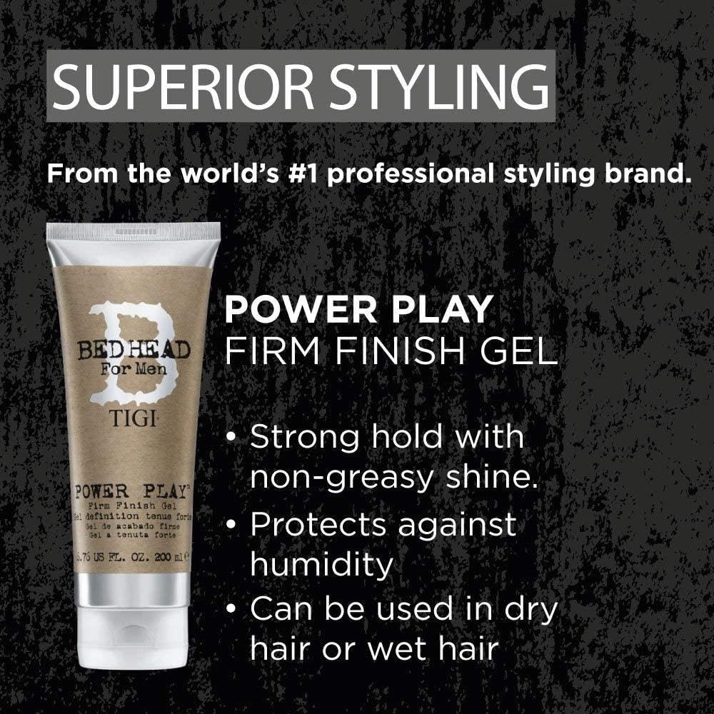 Etiqueta del producto TIGI Bed Head Power Play, indican fijación sólida para peinados diarios.