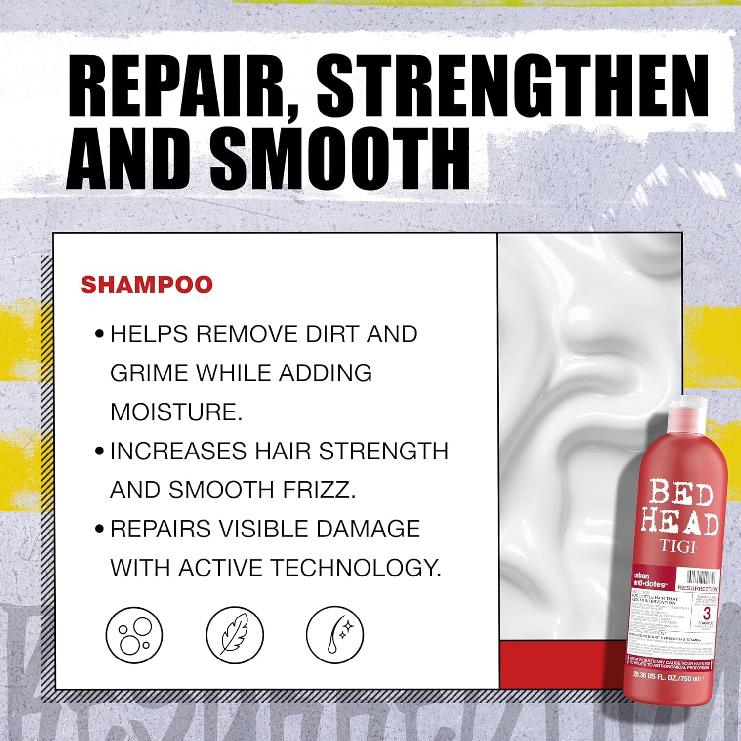 Champú Resurrección Bed Head de TIGI: primeros planos del envase mostrando tecnología de reparación.
