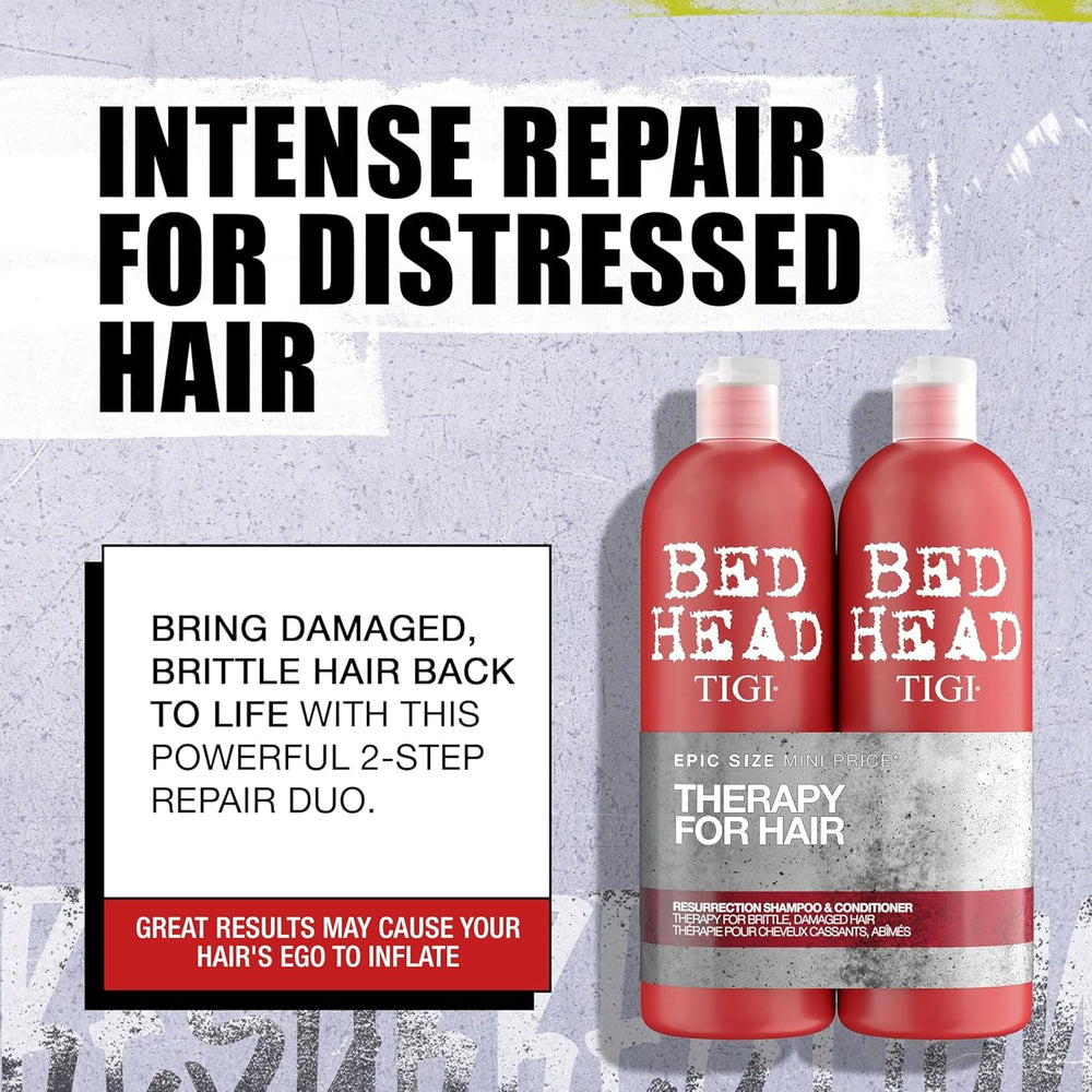 Champú Resurrección Bed Head de TIGI: etiqueta visible en la botella para fortalecimiento y suavidad.