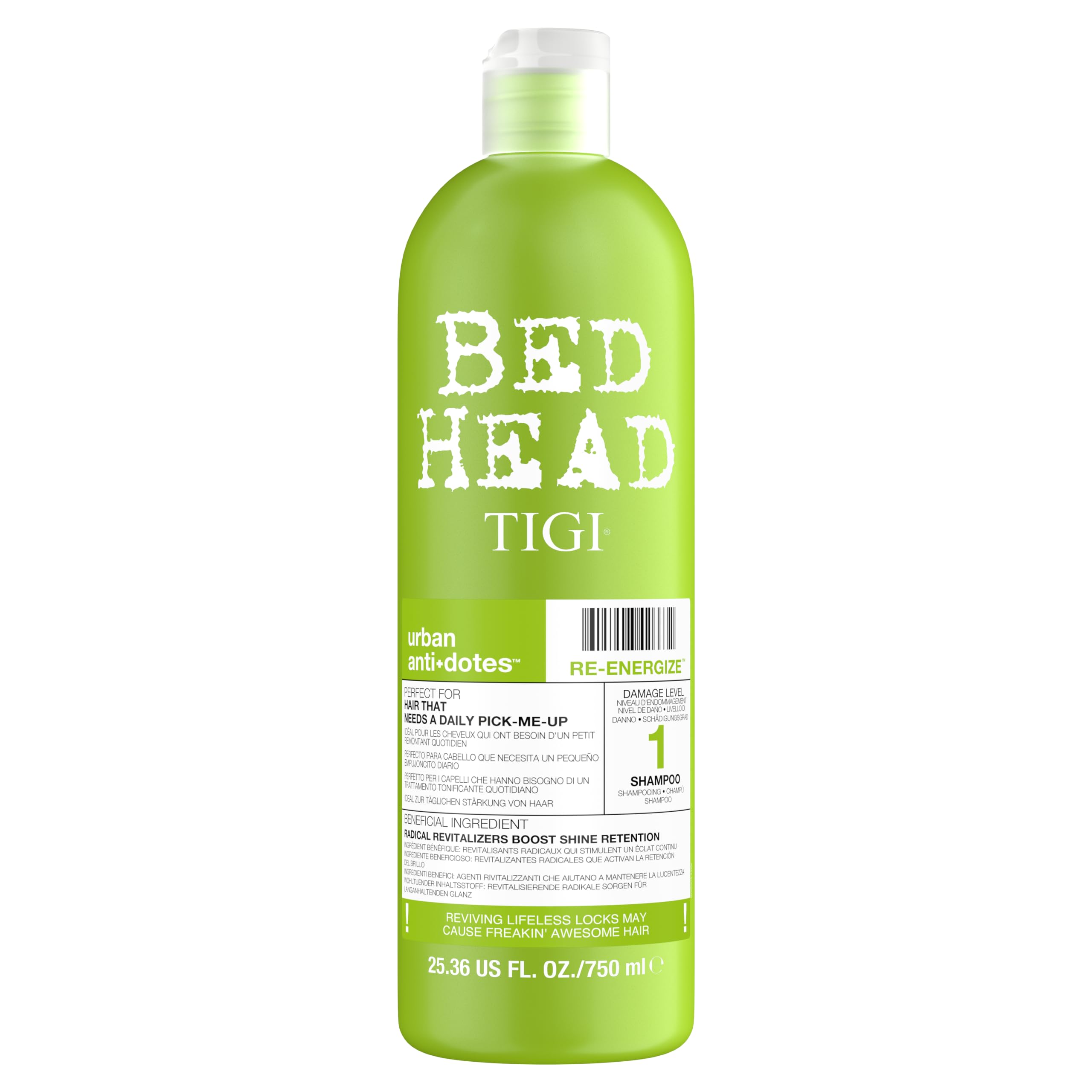 TIGI Bed Head Urban Antidotes 1, botella de champú de 750 ml para hidratación y brillo.